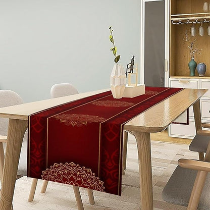 Luxurious Bohemian Table Runner, Red Gold Mandala Floral Boho Decor Table Runner for Kitchen Dining Festive Holiday Party Wedding Gathering, 13x90 Inch