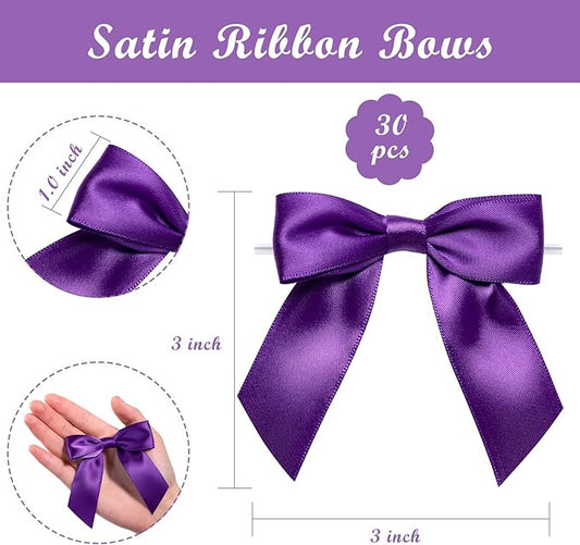 WRAPAHOLIC 30 Pcs 3" Purple Satin Ribbon Bows with Twist Tie - Pretied Premade Craft Bows for Christmas Party Crafts Treat Bags Gift Wrapping Wedding Birthday Baby Shower