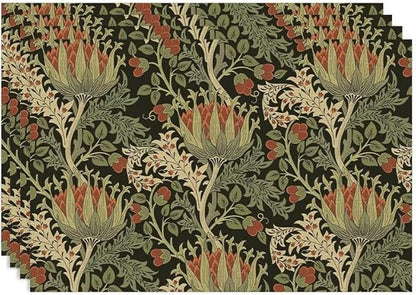 Vintage Boho Florals Placemats Set of 4, William Morris Retro Botanical Plant Foliage Place Mats, Heat Resistant Non Slip Cotton Linen Dining Table Mats for Home Kitchen Party 18x12 Inch