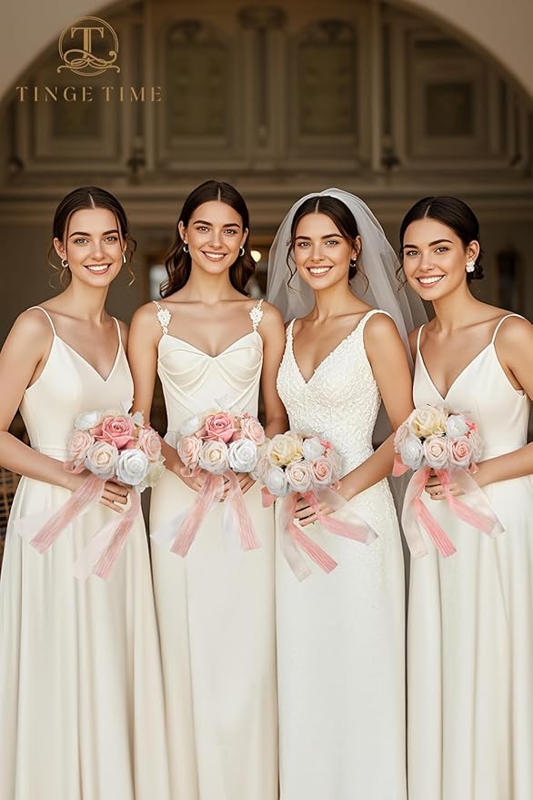 TINGE TIME Bridesmaid Bouquets for Wedding Set of 4 7 Inch Champange & Pink Wedding Bouquets Artificial Silk Flowers Bridal Bouquets for Bridesmaids, Wedding Decor, Anniversary, Party