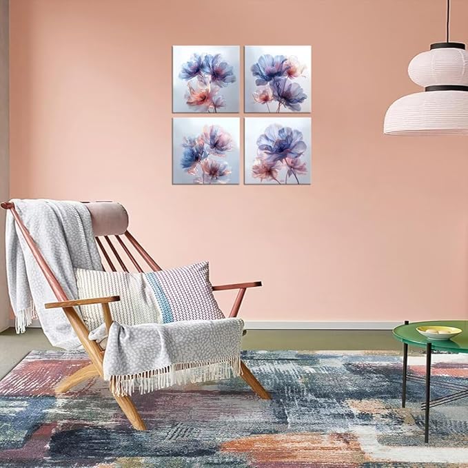 Pankila Canvas Flowers Wall Art Blooming Flowers Pictures Prints Blue Pink Flower Wall Decor for Living Room Bedroom Bathroom Home Decorations Painting Framed Artwork (24''W x 24''H x 4)