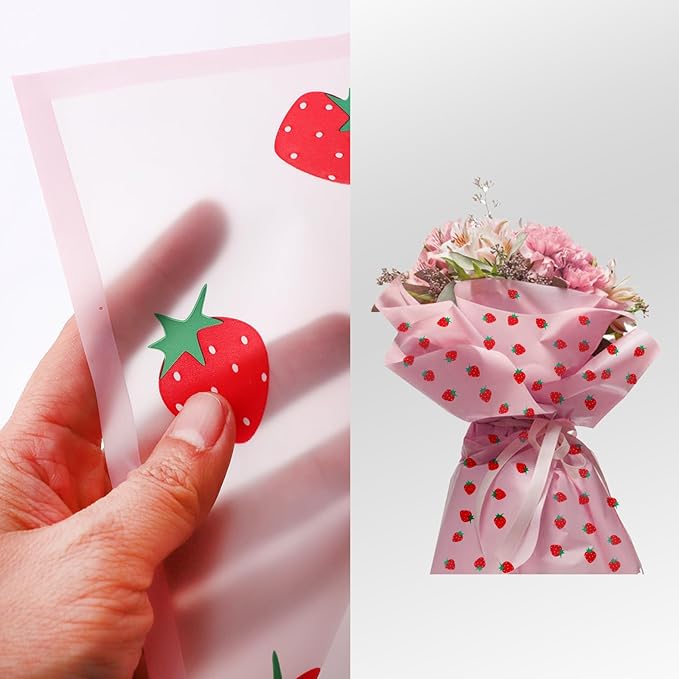 HLTOO 20 Sheets Flower Wrapping Paper, Bouquet Floral Packaging Paper with Strawberry Pattern, for Wedding, Party, Mother's Day, Birthday, and DIY Craft Florist Supplies, Pink, 57CM/22.4Inch