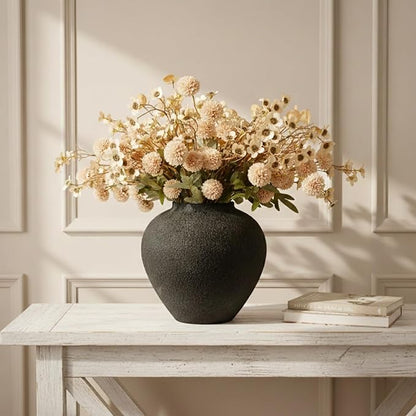 Black Large Round Vase Pottery Look for Home Decor, Arina Black Rustic Vase Modern Farmhouse, Console Table Decor, Earthy Textured Big Black Round Vases for Centerpieces, Jarrones Grandes