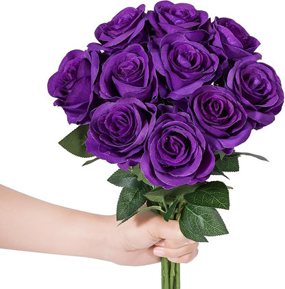 LFF 10pcs Silk Roses Artificial Flowers Fake Long Stem Roses for DIY Wedding Bouquet Home Decoration (Purple)