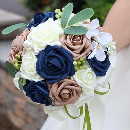 Lightweight Bridal Wedding Bouquet Round Holding Bouquet Throw Toss Artificial Rose Flower Bunch for Bride Bridesmaid Wedding Quinceanera (Cream, Navy & Rosy Brown, 9.1")