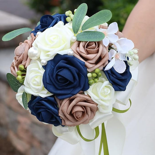 Lightweight Bridal Wedding Bouquet Round Holding Bouquet Throw Toss Artificial Rose Flower Bunch for Bride Bridesmaid Wedding Quinceanera (Cream, Navy & Rosy Brown, 7.9")