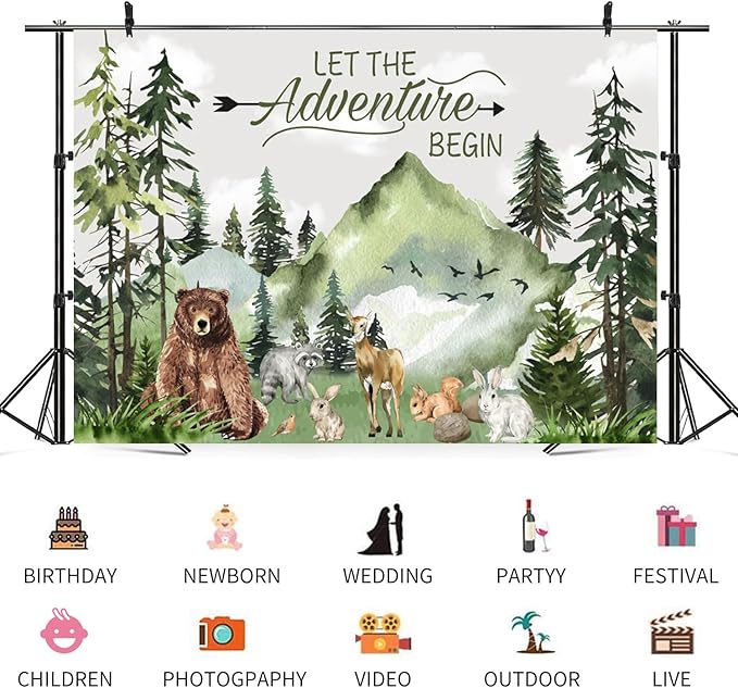 6x4ft Baby Shower Backdrop Mountain Forest Wild Animal Photography Background Cartoon Bear Woodland Green Trees White Cloud Birthday Party Banner Decorations Gender Reveal Photo Booth Prop