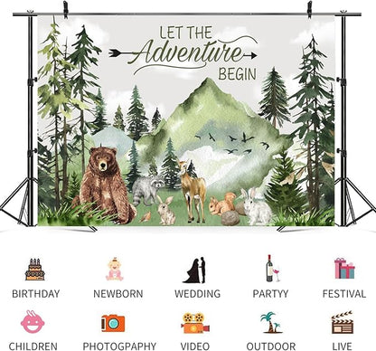 15x8ft Baby Shower Backdrop Mountain Forest Wild Animal Photography Background Cartoon Bear Woodland Green Trees White Cloud Birthday Party Banner Decorations Gender Reveal Photo Booth Prop
