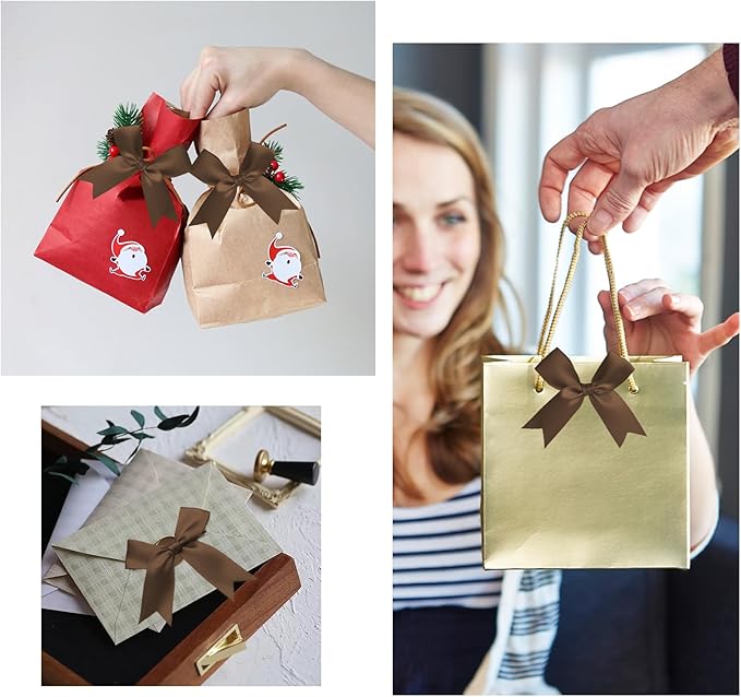 50 Counts Brown Twist Tie Bows 3.1" Pre-Tied Satin Ribbon Bow Decor Mini Twist Tie Bows for Gift Wrapping Treat Bags Cake Bridal Baby Shower Birthday Party Favors Wedding Decorations
