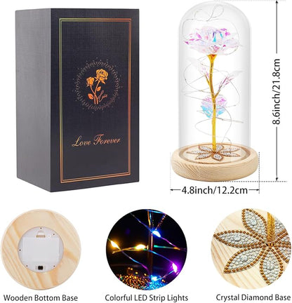 Mothers Day Flowers Gifts for Mom, Birthday Gifts for Women, Galaxy Glass Rose Gifts for Grandma Wife Daughter Artificial Forever Preserved Flowers for Delivery Prime Rose in Glass Dome, Colorful