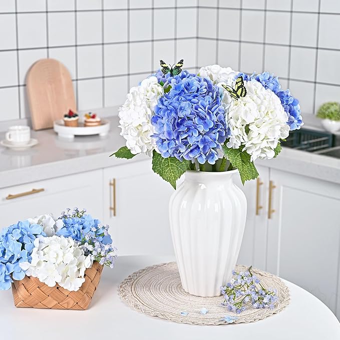 Waipfaru 21" Real Touch Dark Blue Hydrangea Artificial Flowers with Long Stem & Leaves, Full Latex Faux Hydrangea Flowers for Home Decor Party Floral Arrangements Wedding Bouquets Centerpieces, 3Pcs