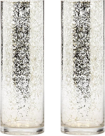 Hosley Silver Mercury Glass Vase Set of 2 Pcs, Large Glass Vases for Flowers, Vases in Bulk, Vintage for Centerpieces, Ideal for Home Décor, Livingroom, Office, Spa