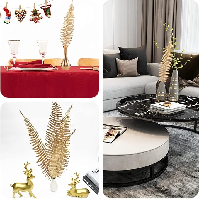 CATTREE Artificial Gold Plants Large Fern Leaves Tall 23" - 10 Pack, Fake Boston Ferns Golden Plant Decorations Plastic Faux Foliage Shrubs Simulated Leaf for Party Wedding Table Centerpiece DIY Décor