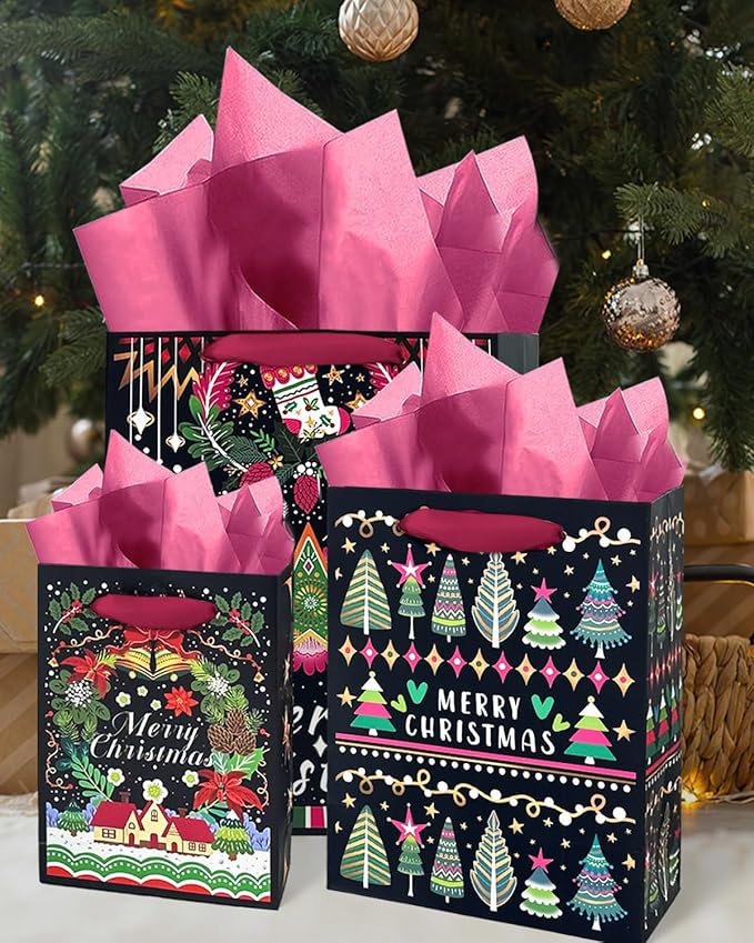 qiqee Christmas Paper Gift Bags with Tissue Paper Handles Assorted Sizes 10PCS Merry Christmas Bags(2pcs Large 13", 4pcs Medium 9", 4pcs Small 6"，30pcs Tissue Paper)