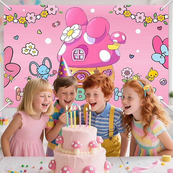 3x5ft Cartoon Pink Birthday Backdrop, Happy Birthday Decoration Background, Cute Cartoon Rabbit Theme Party Supplies Outdoor Indoor Photo Banner