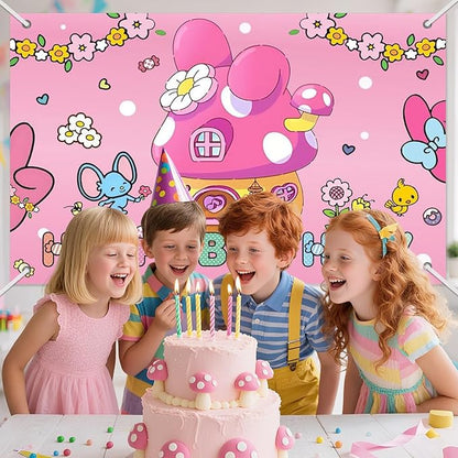 3x5ft Cartoon Pink Birthday Backdrop, Happy Birthday Decoration Background, Cute Cartoon Rabbit Theme Party Supplies Outdoor Indoor Photo Banner