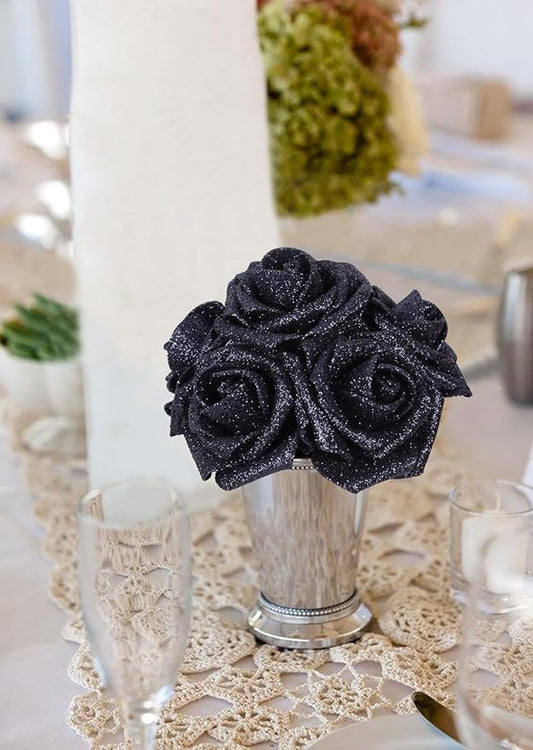 Glitter Roses 30pcs 2.56" Artificial Grey Black Roses with Stems for Baby Shower Decorations
