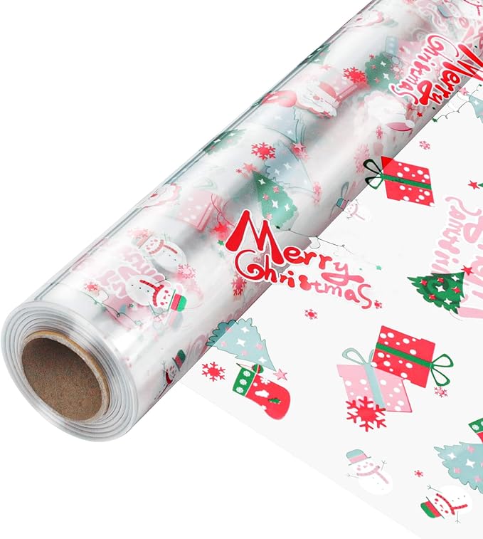JOYIT 100' Long X 17.5” Wide Christmas Cellophane Wrap Roll - 3 Mil Thicker Cellophane Roll, Crystal Clear Merry Christmas Cellophane for Gift Baskets, Flower Arts Crafts Food Treats Wrapping