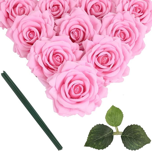 IPOPU 5 Inches Pink Large Rose Heads Artificial Flowers Pink Rose with Stems10pcs Fake Flower Bulk for Wedding Home Party Office Floral Arrangements(Pink)