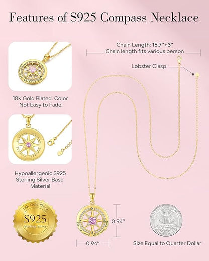 S925 Necklace Gift for Wife |Compass Jewelry |Women Anniversary |Sterling Silver |Girlfriend Birthday Gifts for Her Valentines |I'd be Lost without You |Jewel 18K Gold