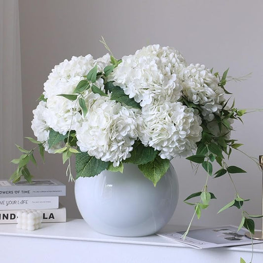 4pcs 21" Faux White Hydrangeas Artificial Flowers, Real Touch Silk Hydrangea Flowers with Stems for Bridal Wedding Bouquet Party Home Decor
