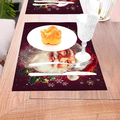 PVC Placemats Set of 6 Wipeable Table Mats Washable Heat Resistant Non Slip Vinyl Dining Table Mat for Kitchen Indoor Outdoor Patio Farmhouse Place Mats Santa Claus Red Xmas Decorative
