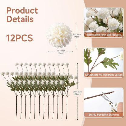 Real-Touch Faux Silk Mums Bouquet, Bendable Long Stems, Full & Realistic Artificial Flower Arrangement for Vase, Table, Wedding & Wreath Décor, Beige(No Vase) (White)
