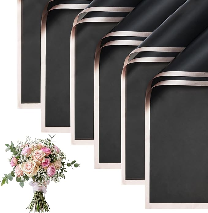 30 Sheets Black Gold Edge Flower Bouquet Wrapping Paper，Florist Supplies Waterproof Floral Bouquet Wrapping Paper Bouquet Accessorie，Flower Shop Packaging Pape for DIY Gift Wedding Birthday