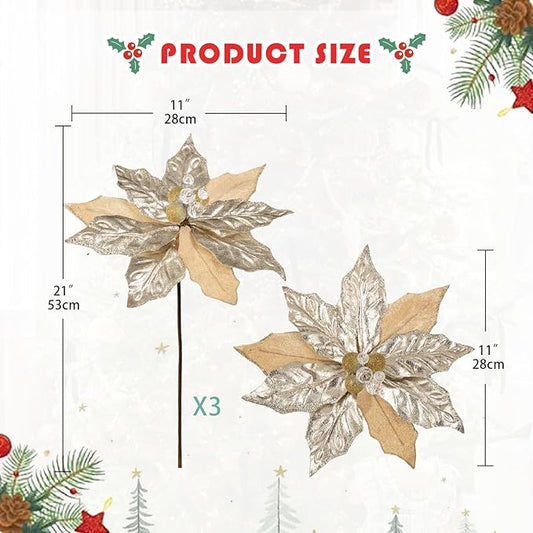 Hollyone 3PCS Poinsettia Christmas Flowers Artificial 11" Large Champagne Glitter Poinsettia Flowers Christmas Tree Ornaments Floral Picks for Tree Wreath Garland Vase Table Centerpiece Home Decor