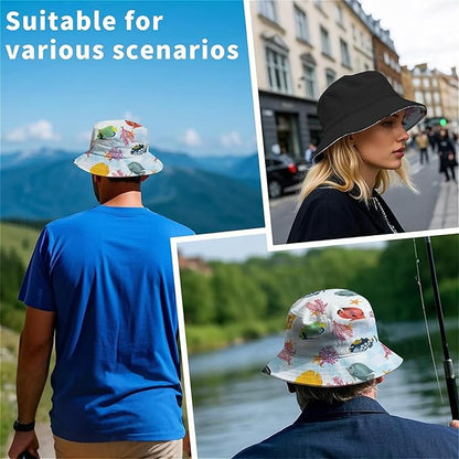 Bucket Hat for Women Men Unisex Sun Cap Packable Outdoor Fisherman Hat Headwear,Reversible Double-Side-Wear