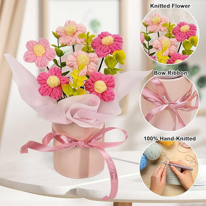 Crochet Flowers Bouquet, Handmade Knitted Pink Daisy Flowers Bouquet for Mother's Day, Christmas, Wedding, Office, Desk, Dashboard, Home Décor, Birthday Gift for Mom Women (Pink-Daisy)