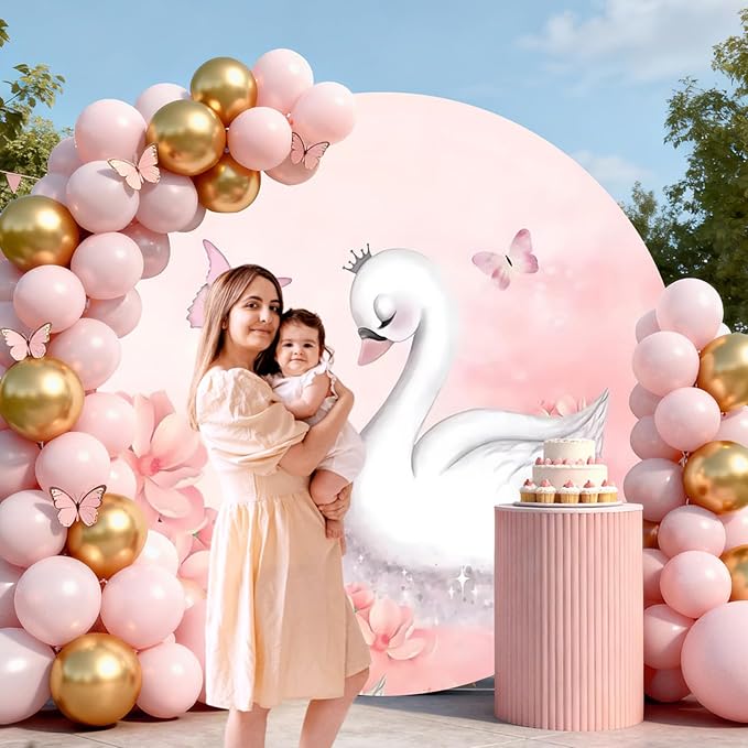 AOFOTO Swan Round Backdrop Pink Floral Butterfly Print Photography Background for Baby Shower Women Newborn Girls Birthday Party Banner Home Wall Decor Photo Studio Booth Props 3.3x3.3ft