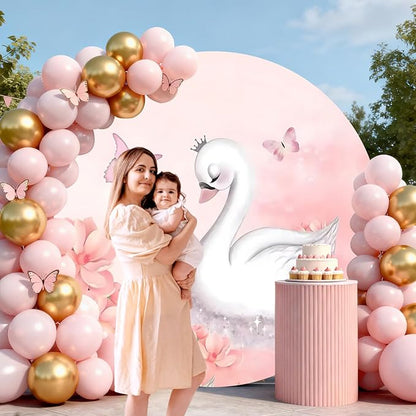 AOFOTO Swan Round Backdrop Pink Floral Butterfly Print Photography Background for Baby Shower Women Newborn Girls Birthday Party Banner Home Wall Decor Photo Studio Booth Props 4x4ft