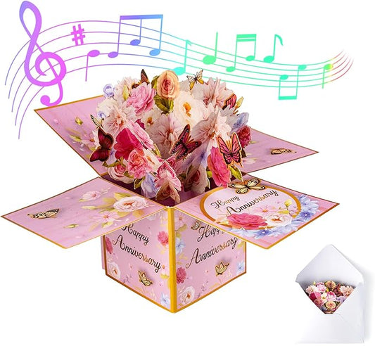 3D Anniversary Pop Up Cards with Music, Romantic LED Light 3D Flower Gift Box, Handmade Foldable Greeting Cards Box with Envelope for Anniversary,Festivals & Special Occasions