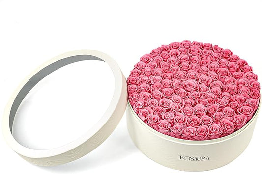 Rosaura Round Preserved Roses Gift Box - Real Forever Flowers for Birthday, Valentine's & Mother's Day (Pink, 100 Roses)