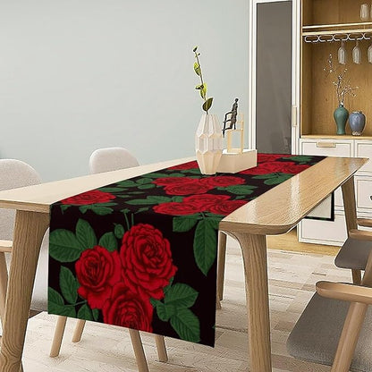 Red Rose Print Table Runner, Romantic Valentines Rose Summer Seasonal Dinner Runner Table Decoration for Home Kitchen Dining Holiday Wedding Party 13x70in