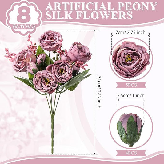 8 Bundles Artificial Peonies Flowers Boho Faux Flowers Arrangements Artificial Centerpiece Spring Bouquet Floral Wedding Decoration for Vase(Dark Purple)