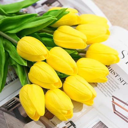 Real Touch Artificial Tulips, 20pcs Fake Tulip Flowers Stem, PU Faux Tulips 13.5” for Mother's Day, Home Decor, Wedding, Easter Valentine's Gift, Table Centerpiece, Floral Arrangements, Yellow