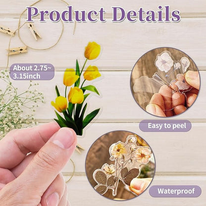 Natural Flower Stickers for Scrapbooking,PET Nature Plant Stickers Floral Stickers Vintage Craft Sticker,Colorful Small Flower Sticker for Journaling Scrapbooking Clear Flower Decal (Style F)