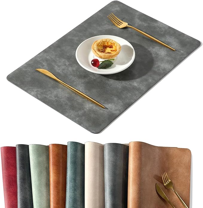 UnivoColors Washed Cowhide Pattern PU Leather Placemats Set of 4 Heat Resistant Kitchen Table Mats, Waterproof Wipeable for Party Decoration(Grey)