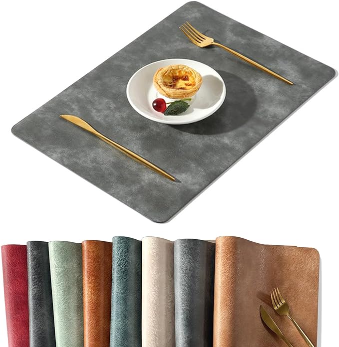 UnivoColors Washed Cowhide Pattern PU Leather Placemats Set of 6 Heat Resistant Kitchen Table Mats, Waterproof Wipeable for Party Decoration(Grey)