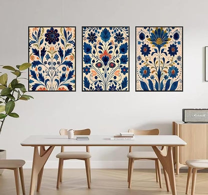 3 Pcs Blue Boho Flower Canvas Wall Art, Floral Painting Poster Wall Decor,Wildflower Botanical Picture for Wall Living Room Bathroom Bedroom Home Decoration 16 * 24 in (Poster no Framed)