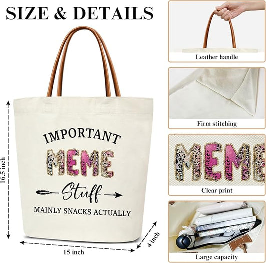 Canvas Tote Bag for Women, Important Stuff Bag with Leather Handle, Reusable Grocery Bags for Shopping Beach Travel
