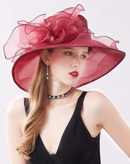 Organza Derby Hats for Women Wide Brim Fascinator Hat Rose Flower Wedding Tea Party Hat