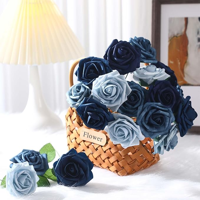 50 Pcs Artificial Foam Rose Flowers Faux Bouquet with Leaves and Stems for DIY Wedding Bouquets Centerpieces Bridal Shower Party Valentine Home Decorations (Shades of Blue)