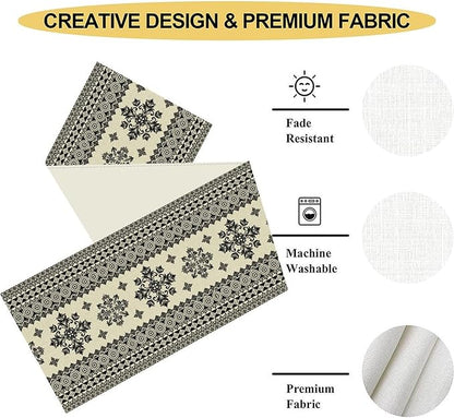 Black Paisley Table Runner, Vintage Damask Antique Floral Flower Retro Boho Swirled Print Table Center Decor for Family Kitchen Table Decorations Indoor Outdoor 13x90 inch