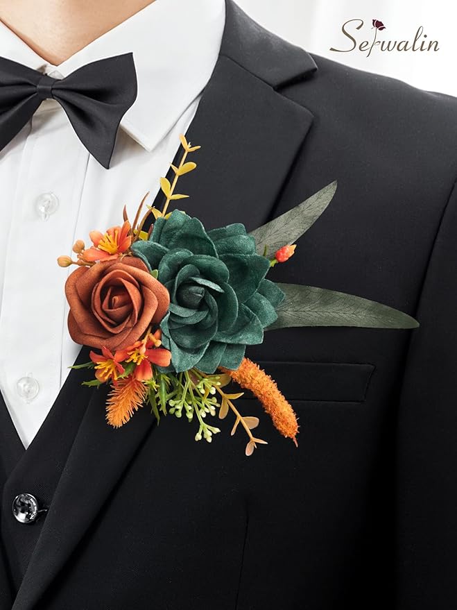 Serwalin Set of 2 Boutonniere for Men, 6-7inch Corsage Groom and Best Man Boutonnieres for Wedding Prom Ceremony Anniversary Party Cake Topper, Teal Orange