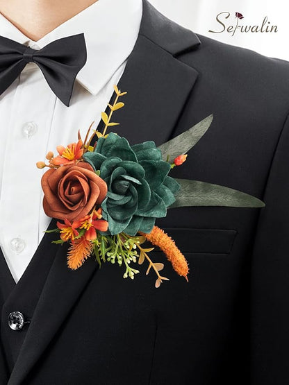 Serwalin Set of 2 Boutonniere for Men, 6-7inch Corsage Groom and Best Man Boutonnieres for Wedding Prom Ceremony Anniversary Party Cake Topper, Teal Orange