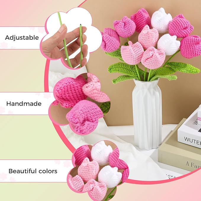 10 Pcs Crochet Tulip Flowers Artificial Flowers Bouquet Finished Handmade Knitted Tulip Bouquets with Leave and Long Stem for Home Centerpieces Decor Valentine's Day Wedding Anniversary (Pink tulips)