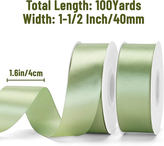 KINGLAKE Sage Green Satin Ribbon – 1 1/2'' x 100 Yards Polyester Sage Ribbon for Gift Wrapping, Light Green Ribbons for Crafts, Wedding Invitations, Baby Shower Decor, Floral Bouquets, Wreath Bows